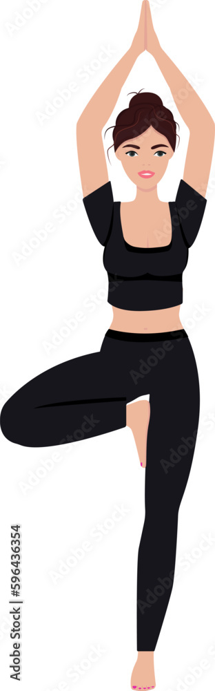 Beautiful slender girl in a yoga pose without background, black clothes, hand up Beautiful slender girl in a yoga pose without background, black clothes, hand up