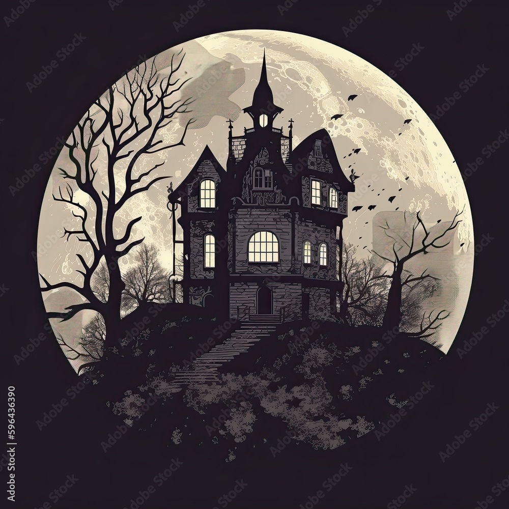 A Haunted Night at the Old House on the Hill - Moonlit Architecture in the City Sky: Generative AI