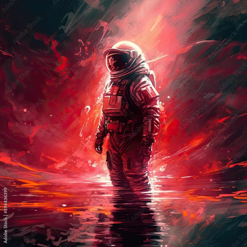 A Lost Astronaut's Abstract Vision amid a Star-Filled Red Night: A Magical Space Suit Fantasy Watercolor Illustration: Generative AI