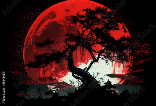 Red moon visible from planet earth, fantastic landscape. AI Generated