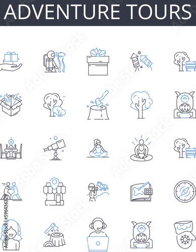 Adventure tours line icons collection. Eco trips, Culture tours, Wildlife safaris, Beach getaways, City breaks, Food excursions, River cruises vector and linear illustration. Island Generative AI