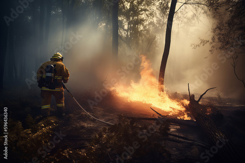 A firefighter extinguishes a burning forest, the image is completely generated by Ai