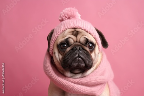 Fashionably Friendly Dog Sitting Chic on Valentine's Day with Love Postcard - Pet Portrait on Pink Background: Generative AI © AIGen