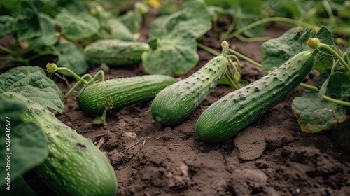 Summer Harvest of Young, Fresh and Healthy Cucumbers Planted in a Kitchen Garden - Closeup of Nourishing Vitamin-Rich Vegetables Growing in the Dirt: Generative AI