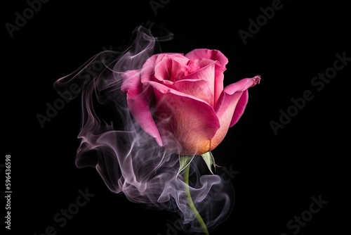 Unearthly Beauty: A Glimpse of Nature's Love, with a Firey Pink Rose and an Ebony Background. Generative AI