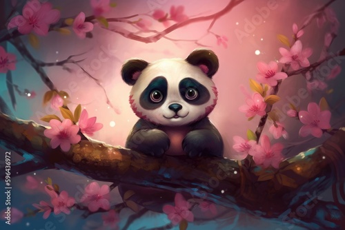 Cute baby panda sitting on a tree branch, surrounded by pink cherry blossoms and green leaves. Illustration Cartoon. Generative AI