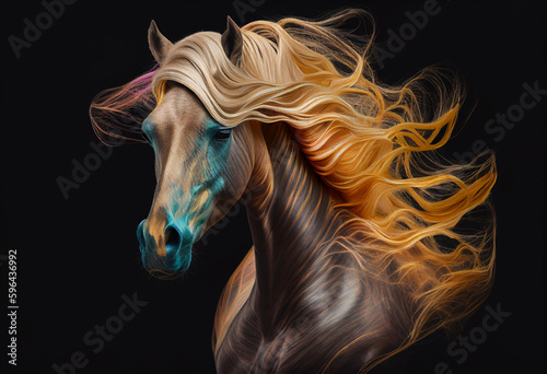 A horse with a developing golden mane on a dark background. AI generated. AI Generated