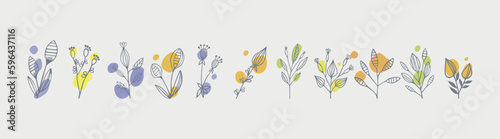 Vector set of hand drawn, single continuous line flowers with pastel color spots. Art floral elements. Use for t-shirt prints, logos, cosmetics and beauty design elements