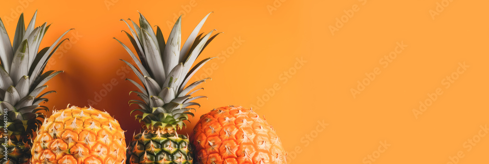 Fresh ripe pineapples on orange background. Top view, flat lay, copy space. Generative AI.