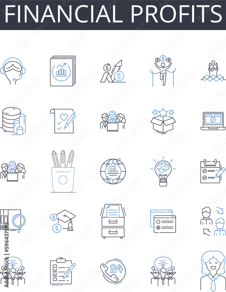 Financial profits line icons collection. Economic gains, Capital returns, Fiscal benefits, Mtary rewards, Investment earnings, Cash profits, Wealth gains vector and linear illustration. Generative AI