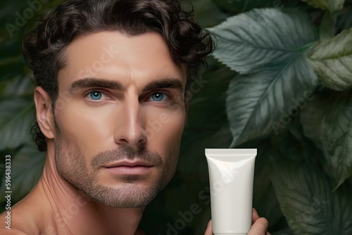 A handsome man holds a white tube of cream on a background of tropical leaves.  photo