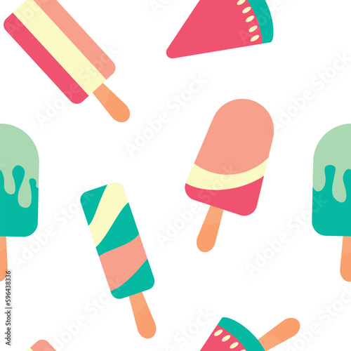Ice cream seamless pattern. Summer vacation with popsicles, different types of ice cream on a stick. cartoon sweet food vector texture