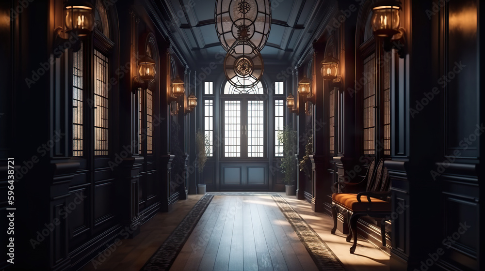 A hallway with a chair and a clock on the wall. AI generative. Dark academia style, victorian style mansion interior design with wooden stairs. - obrazy, fototapety, plakaty 