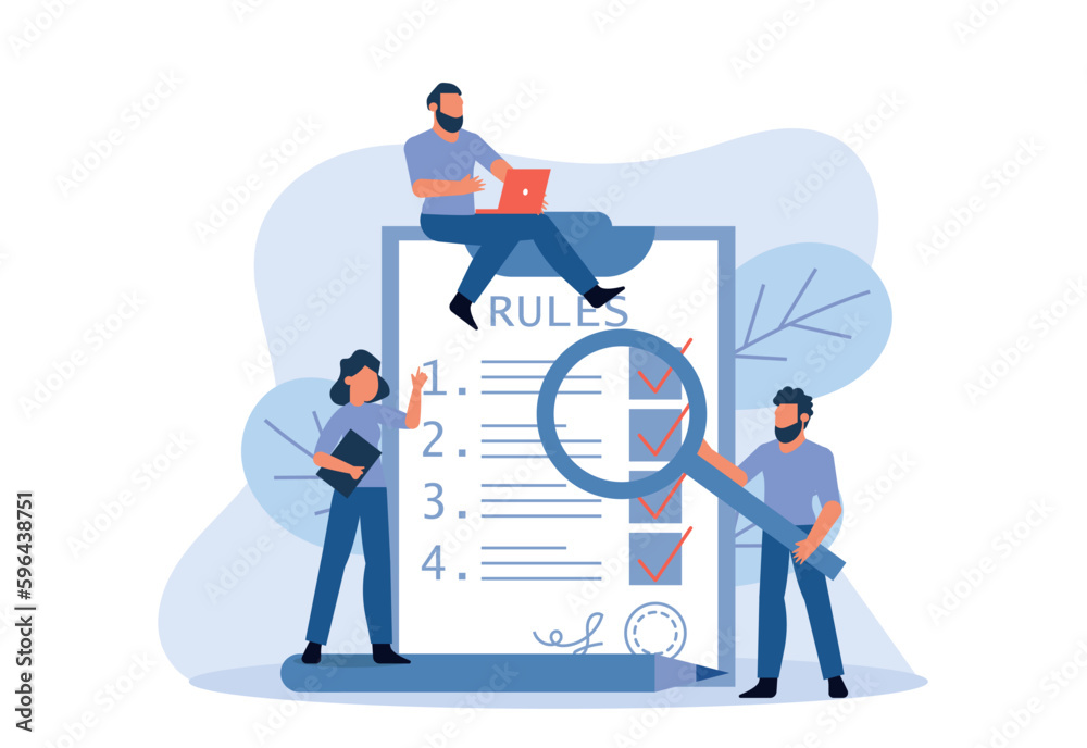Company rules, laws and restrictions. A man and a woman study the rules together. Concept vector illustration of rules. Company rules, laws and restrictions. A man and a woman study the rules together. Concept vector illustration of rules.