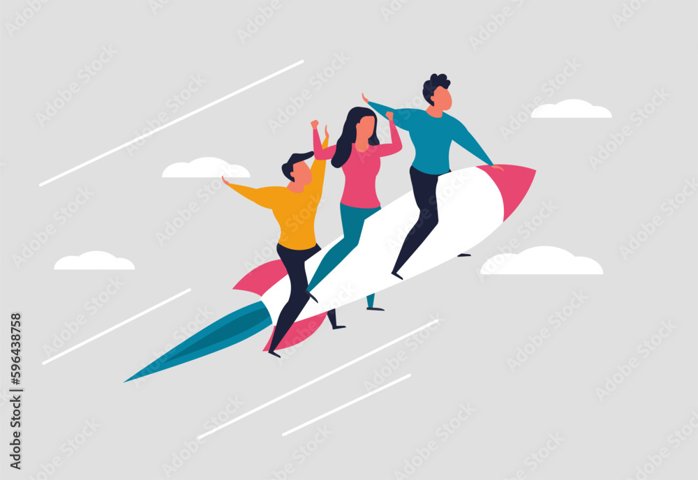 A successful team sits on a rocket and flies up. Leadership in business and achieving success in a team. Startup partnership and business people successful. Vector illustration