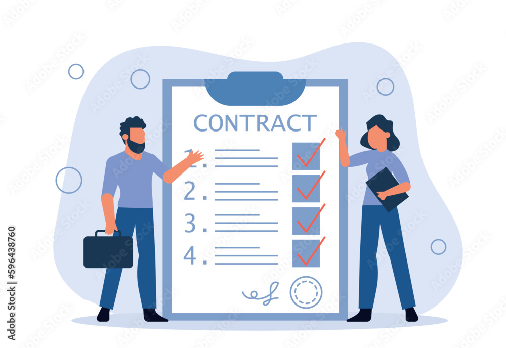 A contractual agreement between an employee and an employer. A man arranges a job and signs a contract. A job or a deal between people. Vector illustration