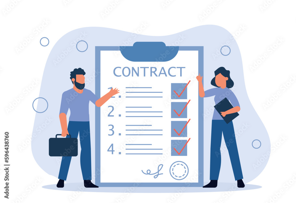 A contractual agreement between an employee and an employer. A man arranges a job and signs a contract. A job or a deal between people. Vector illustration A contractual agreement between an employee and an employer. A man arranges a job and signs a contract. A job or a deal between people. Vector illustration