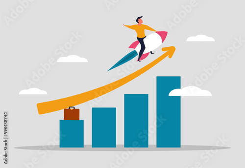 Income growth in business and a man flies on a rocket above the chart up. Rapid sales growth and company development progress. The income of the businessman is growing. Vector illustration concept