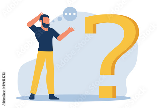 A man thinks and stands near a big question mark. A thoughtful person makes an important decision and seeks the answer to his question. Vector illustration