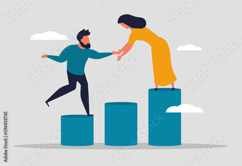 Teamwork for business success. People are moving up the chart. Team business development and team mentoring concept. A leader in a company leads to success. Vector illustration