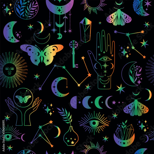 Seamless pattern Mystical moon icons phases and woman hands and moth, alchemy esoteric magic space, vector neon isolated on black background