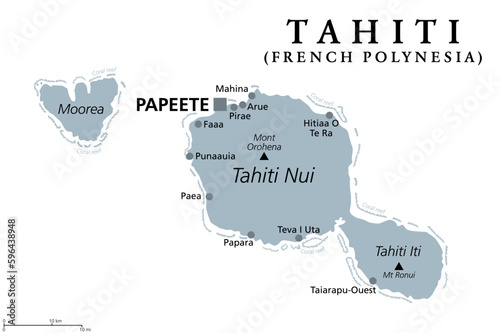 Tahiti, French Polynesia, gray political map. Largest island of the Windward group of the Society Islands, with capital Papeete. Overseas collectivity of France, located in the South Pacific Ocean.