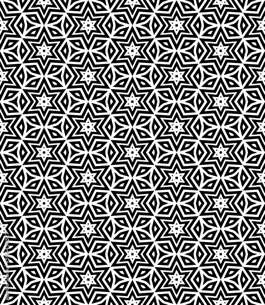 Black and white seamless abstract pattern. Background and backdrop. Grayscale ornamental design. Mosaic ornaments. Vector graphic illustration. EPS10.