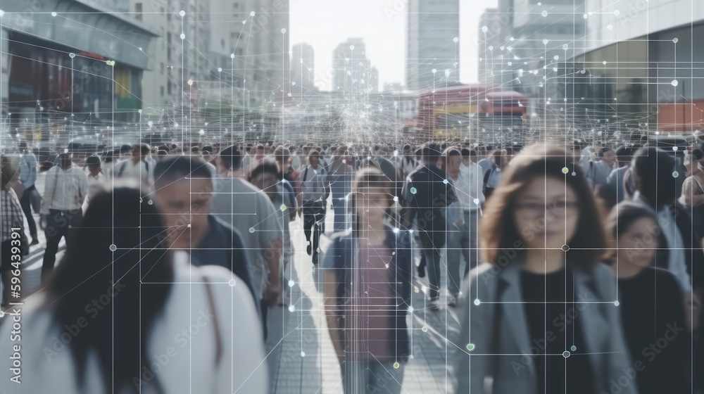 An AI-generated, crowd of people walking on busy urban city streets, with system of AI Facial Recognition scanning each person. Big Data analysis interface, personal information concept, CCTV  - obrazy, fototapety, plakaty 