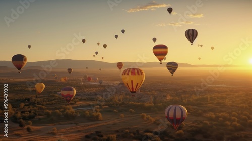 AI-generated realistic image of many colorful hot air balloons rising at sunrise, cityscape. Wide angle shot, the image captures the sense of awe and wonder that this breathtaking scene evokes. 