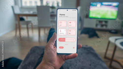 Smart home technology concept, virtual interface which controls various systems and devices 