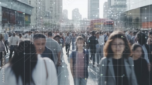 Foto An AI-generated, crowd of people walking on busy urban city streets, with system of AI Facial Recognition scanning each person