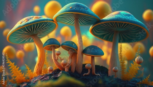 Magic mushrooms in nature, psychedelic beautiful colors background generative ai