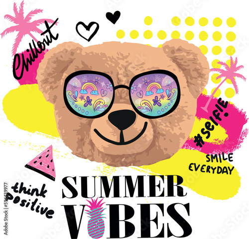 typography Girls summer print with slogan and teddy bear in glasses . hand drawn toy bear, cute girls vector background for graphic tees, kids wear. apparel, surface print and more
