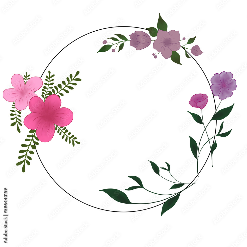 flower frame, layout, pink and purple flowers, circle, flowers around a circle, sticker, spring, greenery