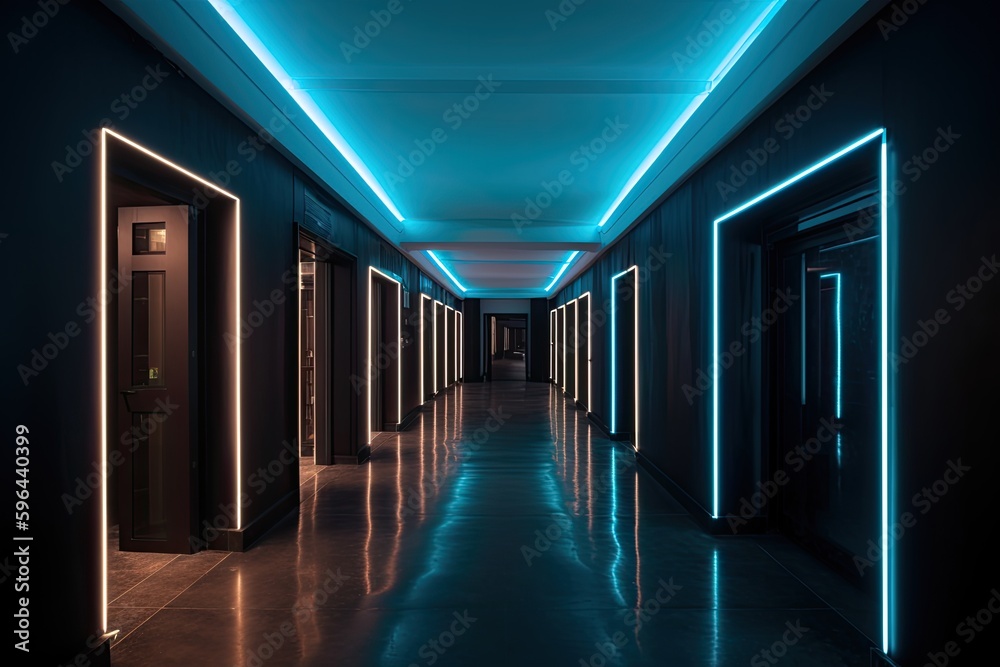 The Neon Corridor: A Dark Hallway Illuminated by a Row of Neon Lights in an AI-Designed Hotel Interior. Generative AI