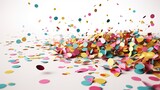 Happy Birthday Celebration with Colourful Confetti and Gifts on White Background: Generative AI
