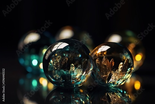 Festive Black Art Design: Close-up on Beautiful Bokeh and Light Reflexion in Transparent Abstract Marbles. Generative AI