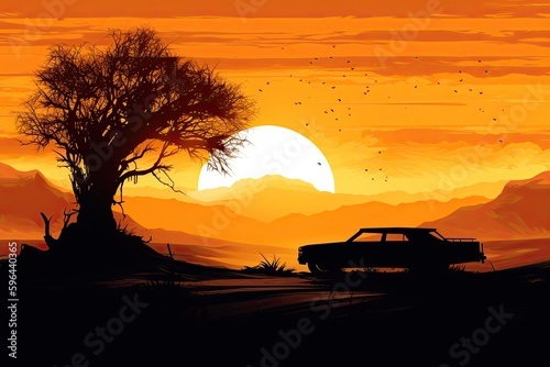 Into the Mad Max Sunset - Desert Landscape with Silhouetted Car and Tree  Generative AI