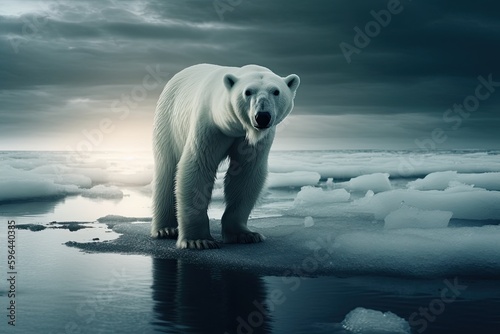 Saving Our Planet  A Polar Bear Standing on Melting Ice - Climate Change Danger in the Arctic. Generative AI