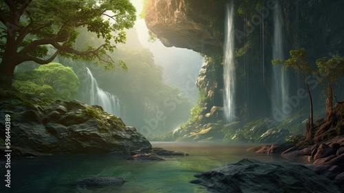 Magical Fantasy Landscapes  Majestic Waterfall  Huge Trees  and a Dreamy River in a Virtual AI-Created World  Generative AI