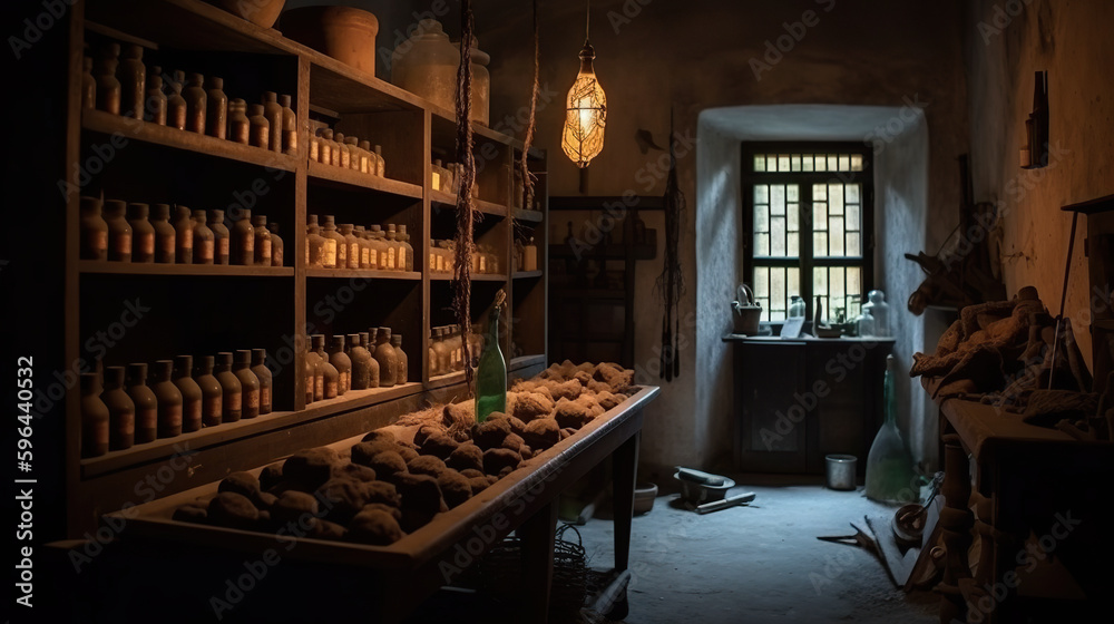 A room filled with lots of bottles and jars. AI generative. Dark academia style, victorian style mansion interior design with wooden stairs.