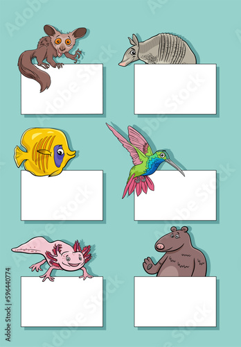 cartoon animals with cards or banners design set