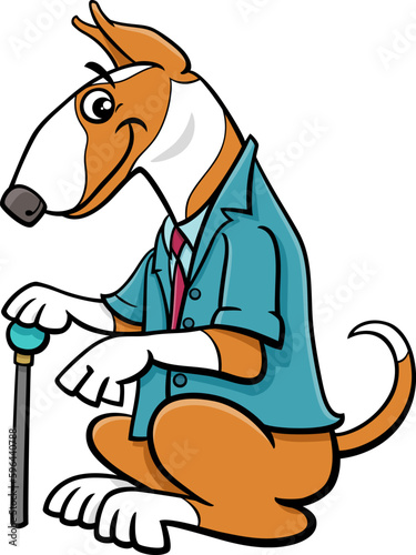 cartoon bull terrier purebred dog in a suit with a cane