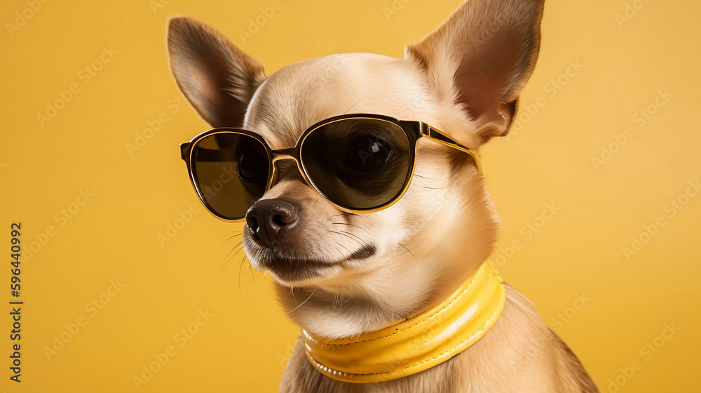 A chihuahua wearing sunglasses and a yellow collar on yellow background. 