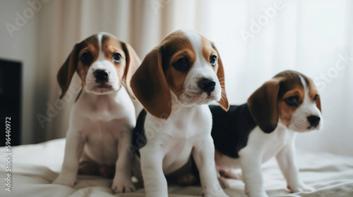 Three beagle puppies sitting at home. 