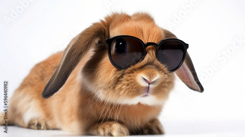 A rabbit wearing sunglasses and a pair of sunglasses on white background.