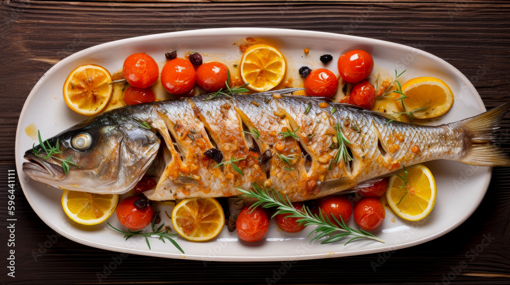 Plate with Mediterranean fish food, generative ai Plate with Mediterranean fish food, generative ai