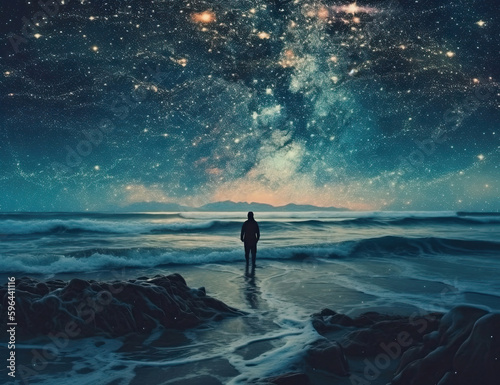 Psychic wave, beach, travel, wanderlust, galaxy, one with nature, standing in awe. generative AI