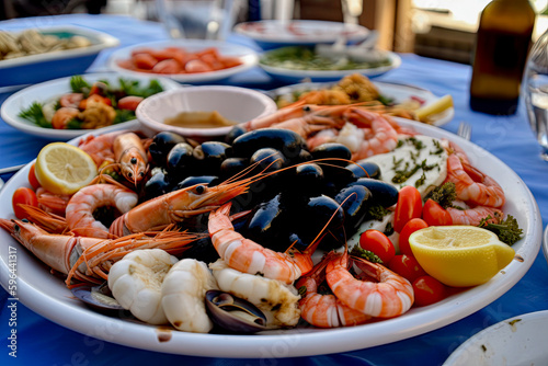 Delicious Mediterranean Dish with seafood, generative ai