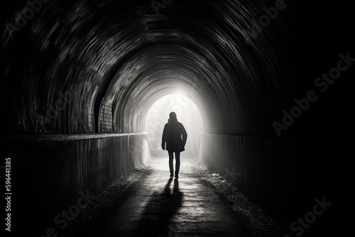 A Beacon of Hope - Black and White Silhouette Struggling Toward the Light at the End of the Tunnel. Generative AI